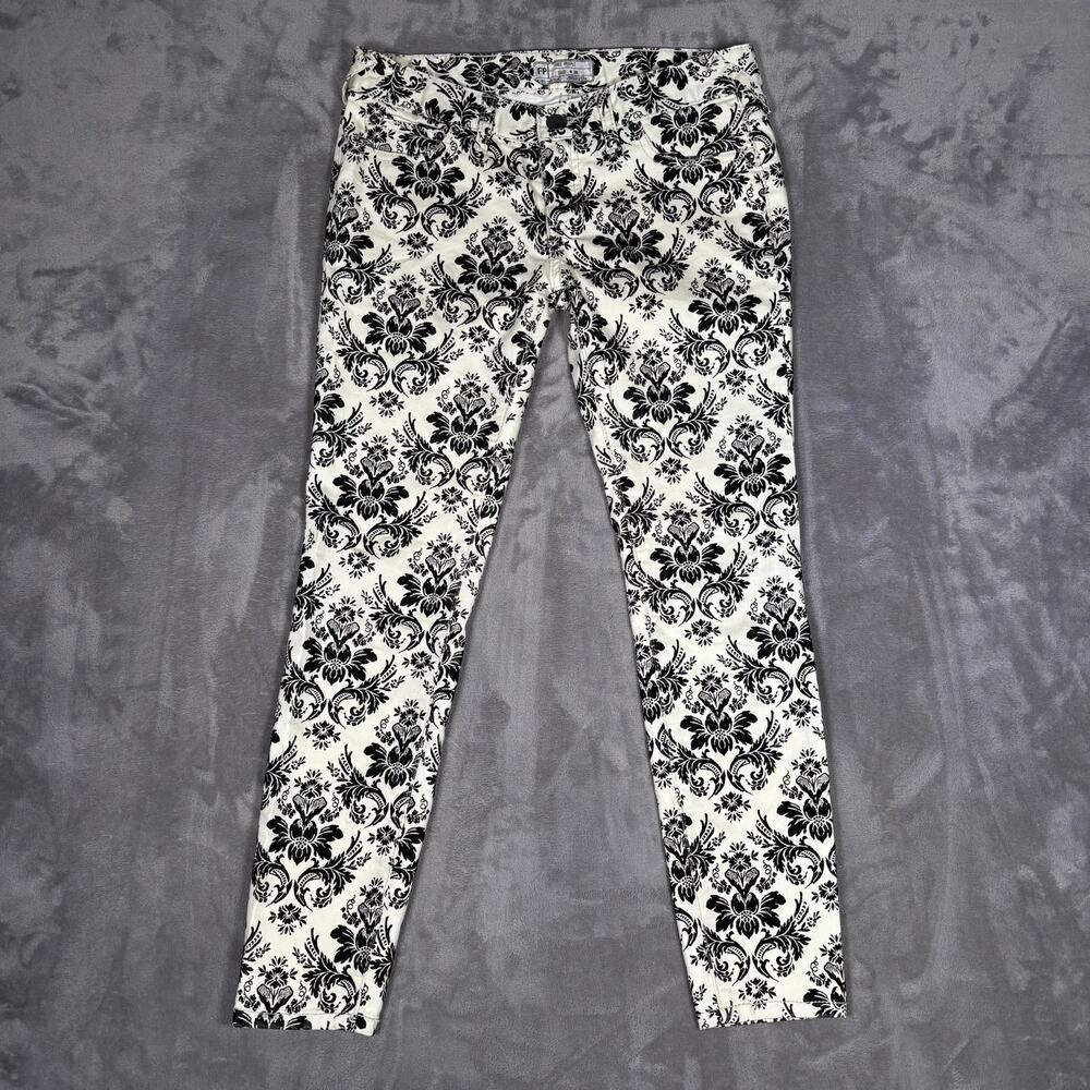 Free People Brocade Flocked Damask Skinny Jeans Ivory Black Size 26